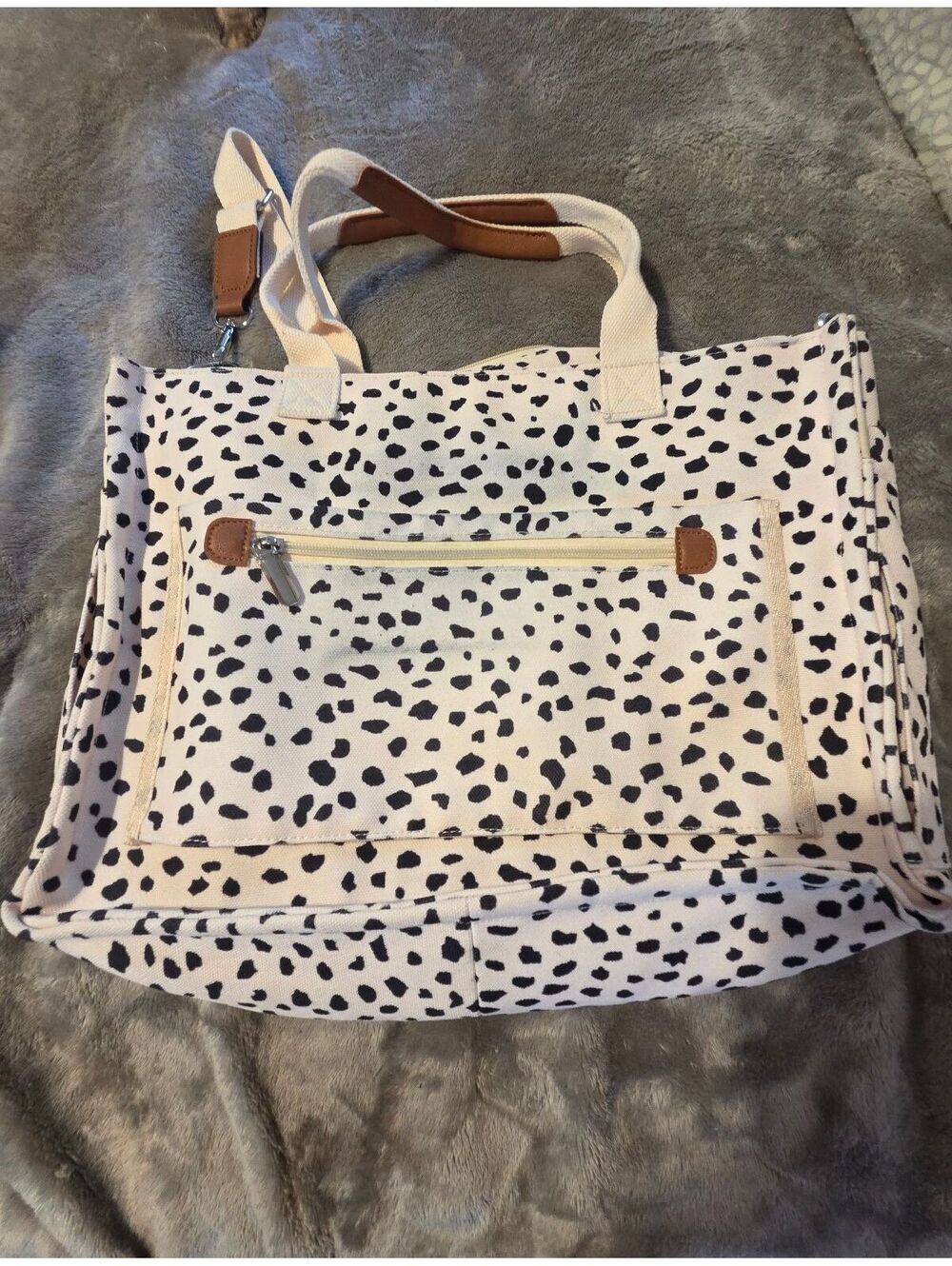 Spotted Canvas Tote Bag with Multiple Pockets and Adjustable Strap